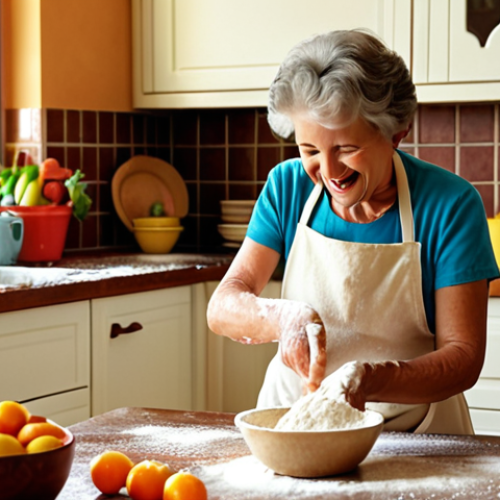 Home 15 **
A brightly lit, slightly messy kitchen scene. A young child, wearing an oversized apron, is enthusiastically kneading dough with flour dusting their face. An older woman (grandmother figure) smiles warmly, guiding their hands. Bowls of colorful ingredients (fruits, vegetables) are scattered around. The overall mood is warm, inviting, and playful, conveying the concept of creating "memórias afetivas" (affective memories) in the kitchen. Focus on natural light and happy expressions.
**