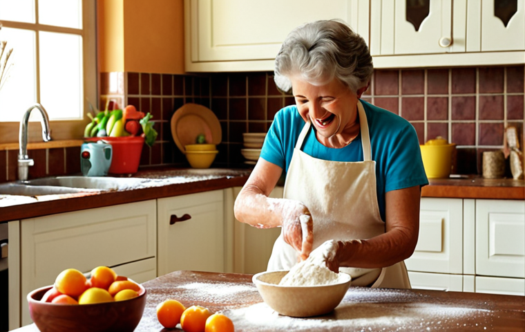 **
A brightly lit, slightly messy kitchen scene. A young child, wearing an oversized apron, is enthusiastically kneading dough with flour dusting their face. An older woman (grandmother figure) smiles warmly, guiding their hands. Bowls of colorful ingredients (fruits, vegetables) are scattered around. The overall mood is warm, inviting, and playful, conveying the concept of creating "memórias afetivas" (affective memories) in the kitchen. Focus on natural light and happy expressions.
**