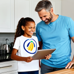A smiling child, approximately 8-10 years old, fully clothed in a modest, brightly colored t-shirt and practical shorts, stands beside an adult (parent figure, also fully clothed in appropriate casual wear). The child is looking at a tablet held by the adult, where an augmented reality overlay projects a virtual banana 'peeling itself' with animated arrows indicating steps on a modern kitchen counter. The adult gently points to the screen. The kitchen is bright and tidy with light-colored countertops and stainless steel appliances. Fresh fruits and vegetables are on a cutting board. Soft focus, natural lighting, professional photography, high quality. safe for work, appropriate content, fully clothed, family-friendly, perfect anatomy, correct proportions, natural pose, well-formed hands, proper finger count, natural body proportions.