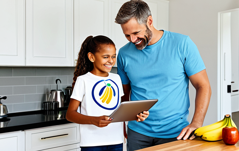 A smiling child, approximately 8-10 years old, fully clothed in a modest, brightly colored t-shirt and practical shorts, stands beside an adult (parent figure, also fully clothed in appropriate casual wear). The child is looking at a tablet held by the adult, where an augmented reality overlay projects a virtual banana 'peeling itself' with animated arrows indicating steps on a modern kitchen counter. The adult gently points to the screen. The kitchen is bright and tidy with light-colored countertops and stainless steel appliances. Fresh fruits and vegetables are on a cutting board. Soft focus, natural lighting, professional photography, high quality. safe for work, appropriate content, fully clothed, family-friendly, perfect anatomy, correct proportions, natural pose, well-formed hands, proper finger count, natural body proportions.