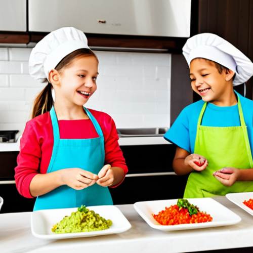 Home 7 A cheerful family-friendly scene featuring two children, approximately 8-10 years old, fully clothed in appropriate attire with clean, modest kitchen aprons over their professional dress. They are actively engaged in assembling mini tacos in a brightly lit, modern kitchen. One child is carefully placing fillings into a small tortilla, while the other holds a bowl of fresh guacamole, observing with a happy, natural pose. The countertop displays colorful, fresh ingredients like diced vegetables and pre-cooked fillings in neat bowls. The scene is captured with professional photography, showcasing perfect anatomy, correct proportions, well-formed hands, and proper finger count. High quality, vibrant colors, safe for work, appropriate content.