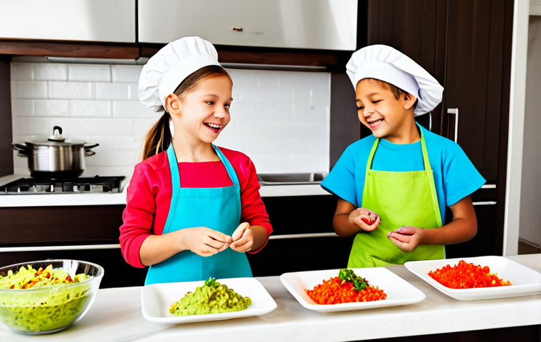 A cheerful family-friendly scene featuring two children, approximately 8-10 years old, fully clothed in appropriate attire with clean, modest kitchen aprons over their professional dress. They are actively engaged in assembling mini tacos in a brightly lit, modern kitchen. One child is carefully placing fillings into a small tortilla, while the other holds a bowl of fresh guacamole, observing with a happy, natural pose. The countertop displays colorful, fresh ingredients like diced vegetables and pre-cooked fillings in neat bowls. The scene is captured with professional photography, showcasing perfect anatomy, correct proportions, well-formed hands, and proper finger count. High quality, vibrant colors, safe for work, appropriate content.