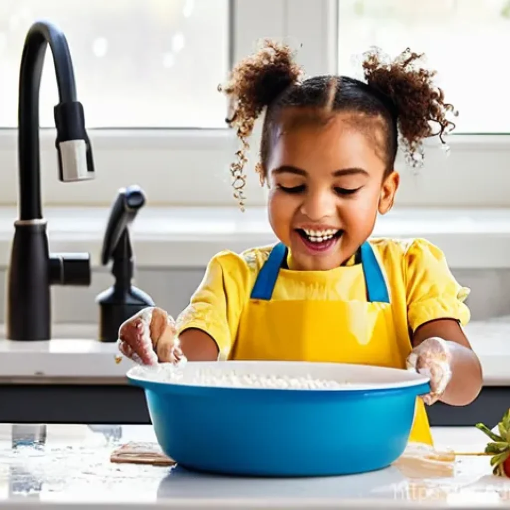아이와 함께 요리하며 배울 수 있는 영양 교육 - **Prompt 1: Little Explorers in the Kitchen**
A bright and airy modern kitchen, filled with natu...