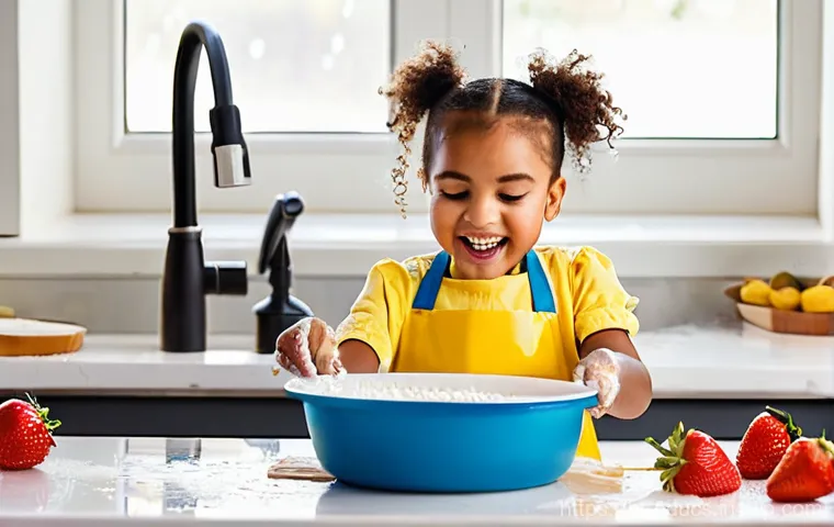 아이와 함께 요리하며 배울 수 있는 영양 교육 - **Prompt 1: Little Explorers in the Kitchen**
A bright and airy modern kitchen, filled with natu...