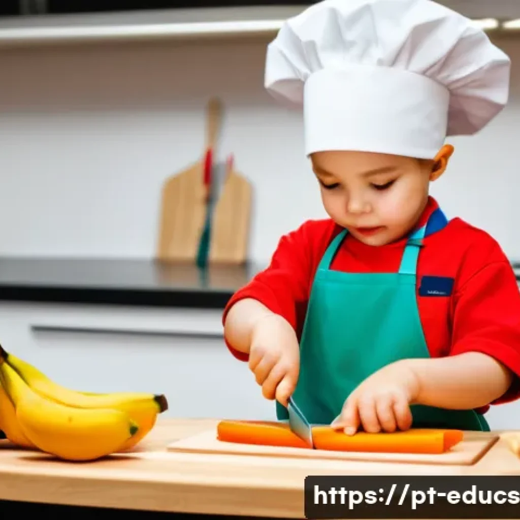 어린이를 위한 안전한 주방 도구 추천 - A joyful 5-year-old child, wearing a clean, colorful apron over regular clothes, is safely cutting s...