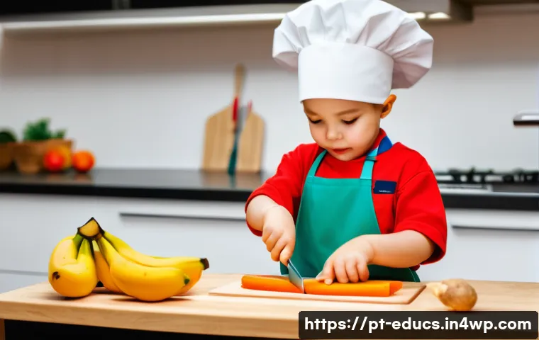 어린이를 위한 안전한 주방 도구 추천 - A joyful 5-year-old child, wearing a clean, colorful apron over regular clothes, is safely cutting s...