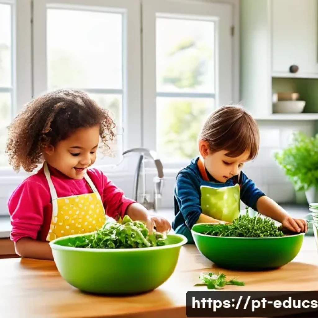 아이와 함께 만드는 소스와 드레싱 레시피 - A joyful scene of a family kitchen with children wearing colorful aprons, carefully mixing fresh her...