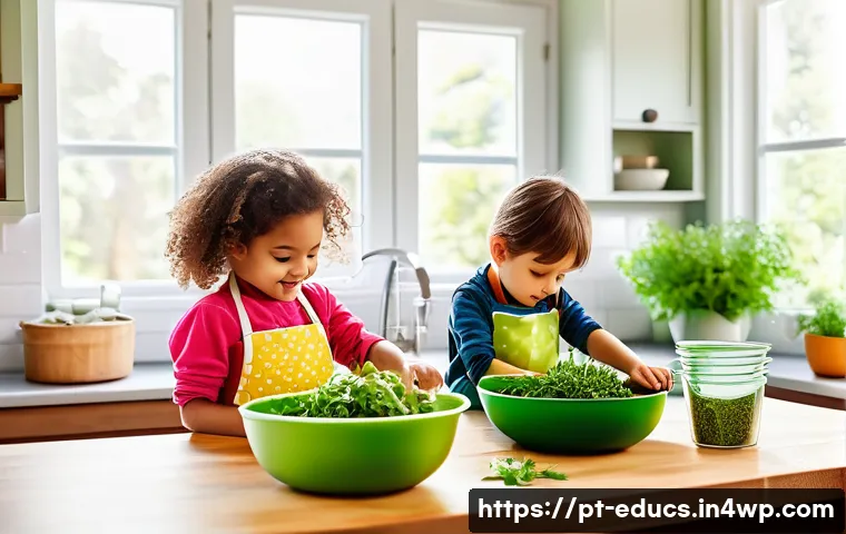 아이와 함께 만드는 소스와 드레싱 레시피 - A joyful scene of a family kitchen with children wearing colorful aprons, carefully mixing fresh her...