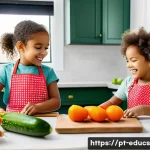 Home 22 아이와 함께 만드는 아시아 요리 레시피 - A cheerful scene of a parent and two young children cooking together in a bright, modern kitchen. Th...