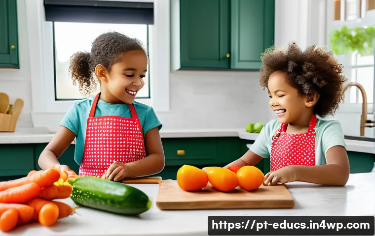 아이와 함께 만드는 아시아 요리 레시피 - A cheerful scene of a parent and two young children cooking together in a bright, modern kitchen. Th...