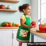 Home 21 아이와 함께하는 요리 교육에서의 실수 교훈 - A bright and cheerful kitchen scene featuring a young Brazilian child wearing a colorful apron and a...