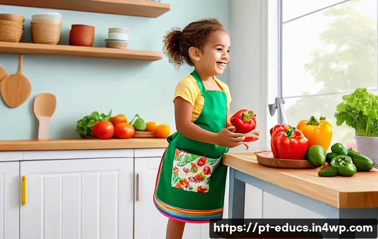 아이와 함께하는 요리 교육에서의 실수 교훈 - A bright and cheerful kitchen scene featuring a young Brazilian child wearing a colorful apron and a...