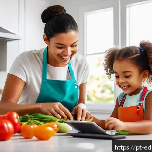 Home 32 아이와 함께하는 요리 교육을 위한 앱 추천 - A cheerful mother and her young daughter cooking together in a bright, modern kitchen filled with co...
