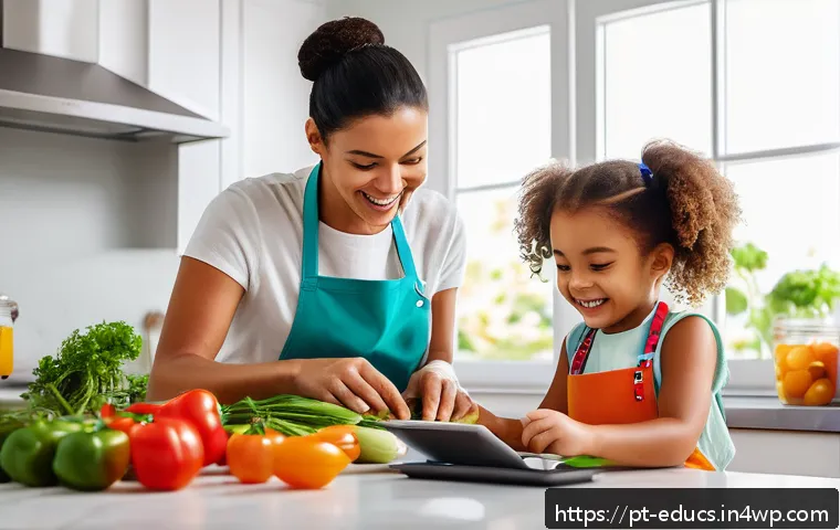 아이와 함께하는 요리 교육을 위한 앱 추천 - A cheerful mother and her young daughter cooking together in a bright, modern kitchen filled with co...