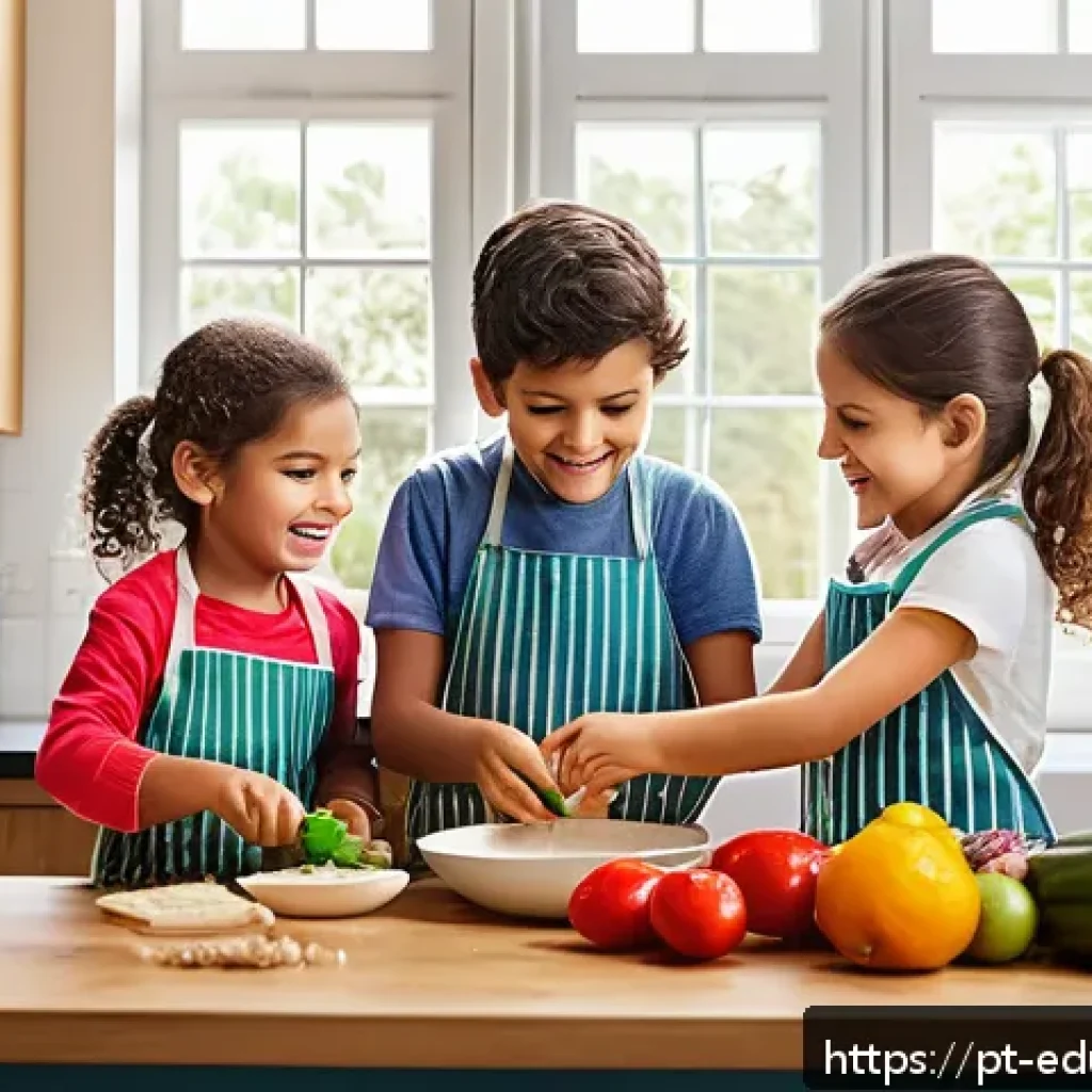 아이와 함께하는 요리 활동의 장단점 - A warm and lively family kitchen scene featuring a Portuguese-speaking family cooking together with ...