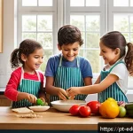 Home 19 아이와 함께하는 요리 활동의 장단점 - A warm and lively family kitchen scene featuring a Portuguese-speaking family cooking together with ...