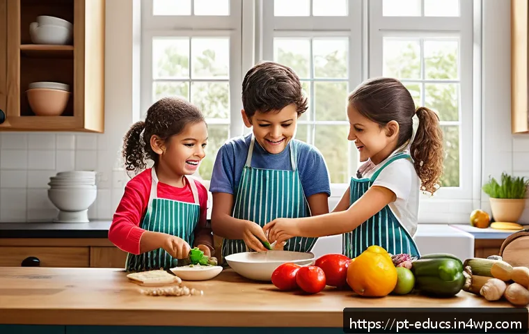 아이와 함께하는 요리 활동의 장단점 - A warm and lively family kitchen scene featuring a Portuguese-speaking family cooking together with ...