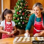 Home 18 아이와 함께하는 크리스마스 요리 아이디어 - A warm, cozy kitchen scene featuring a happy family with children aged 3 to 5 years old wearing colo...