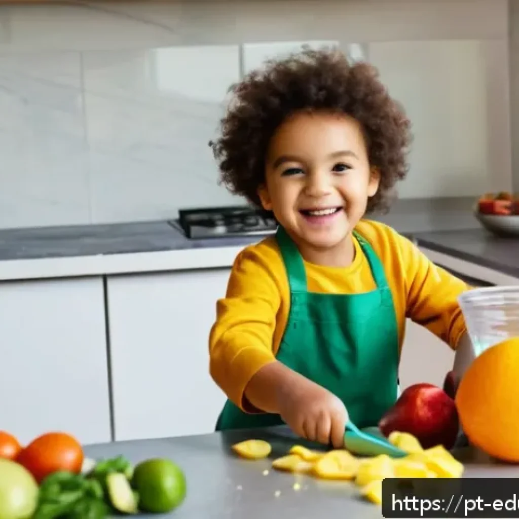 아이들과 함께하는 요리 교육의 성과 측정 방법 - A joyful young child wearing a colorful apron and holding a plastic knife carefully cutting soft fru...