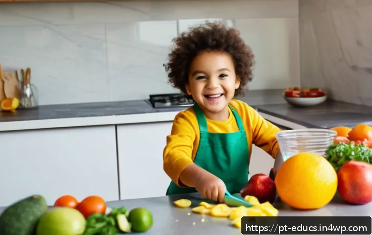 아이들과 함께하는 요리 교육의 성과 측정 방법 - A joyful young child wearing a colorful apron and holding a plastic knife carefully cutting soft fru...