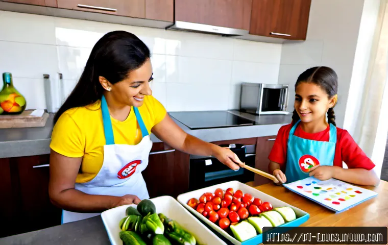 Home 17 아이와 함께하는 요리 교육에서의 목표 설정 방법 - Photorealistic family cooking lesson in a bright Brazilian home kitchen, parent and school-age child...
